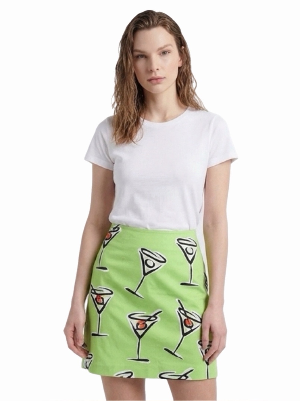 90s/Y2K Vintage Martini Print Artsy Cotton Mini Skirt (Lime Green/Multi) Size 6